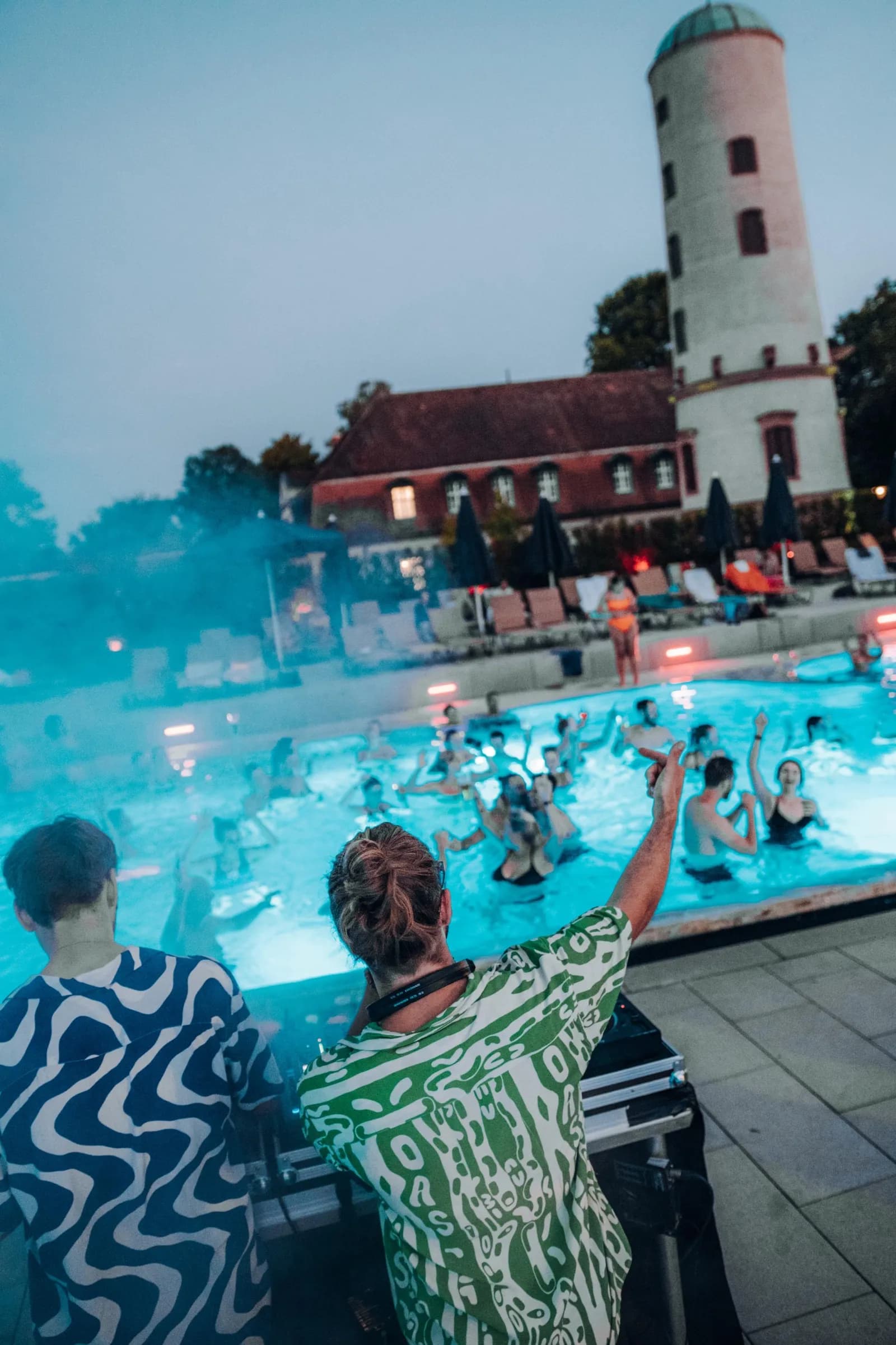Pool party with blue lighting